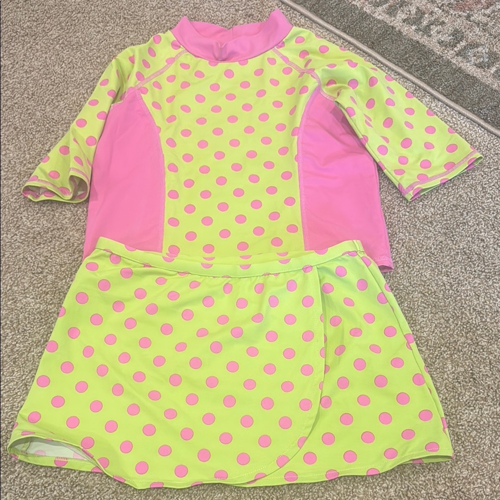Garent hill Kids Neon Lime & Pink Polka Dot Swim Set -Skirt size 10